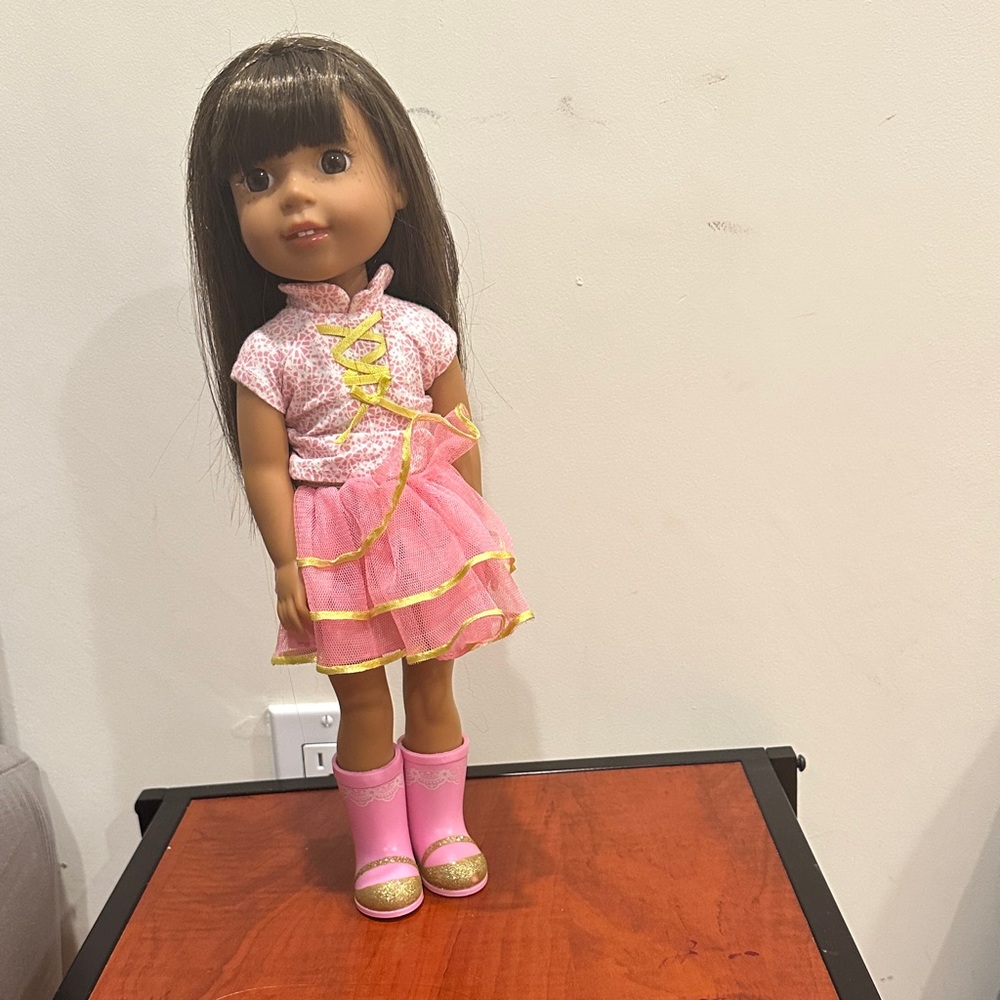 American Girl Doll in Pink and Yellow Dress with Boots